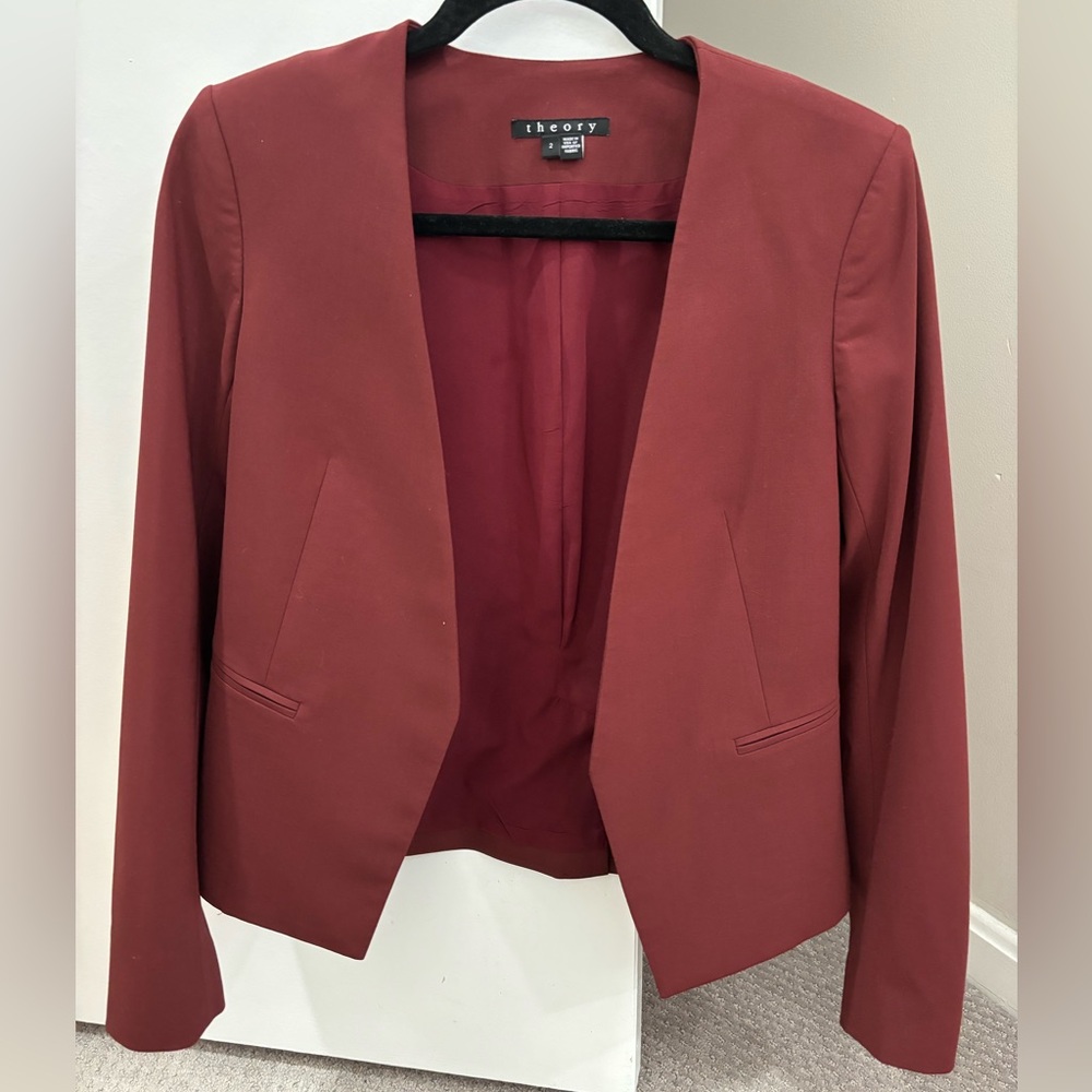 Theory Womens 2 Blazer Jacket Open Maroon Red Delaven Wool Stretch